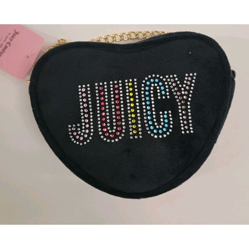 NEW! JUICY COUTURE Kids Faux Fur Heart Shoulder Bag Black Colorful Rhinestones‎